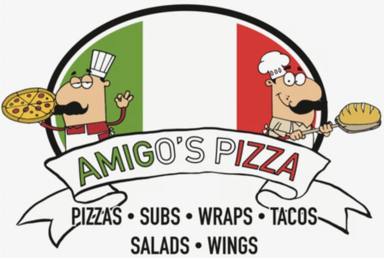 Amigo’s Pizza logo with pizzas, subs, wraps, tacos, salads and wings